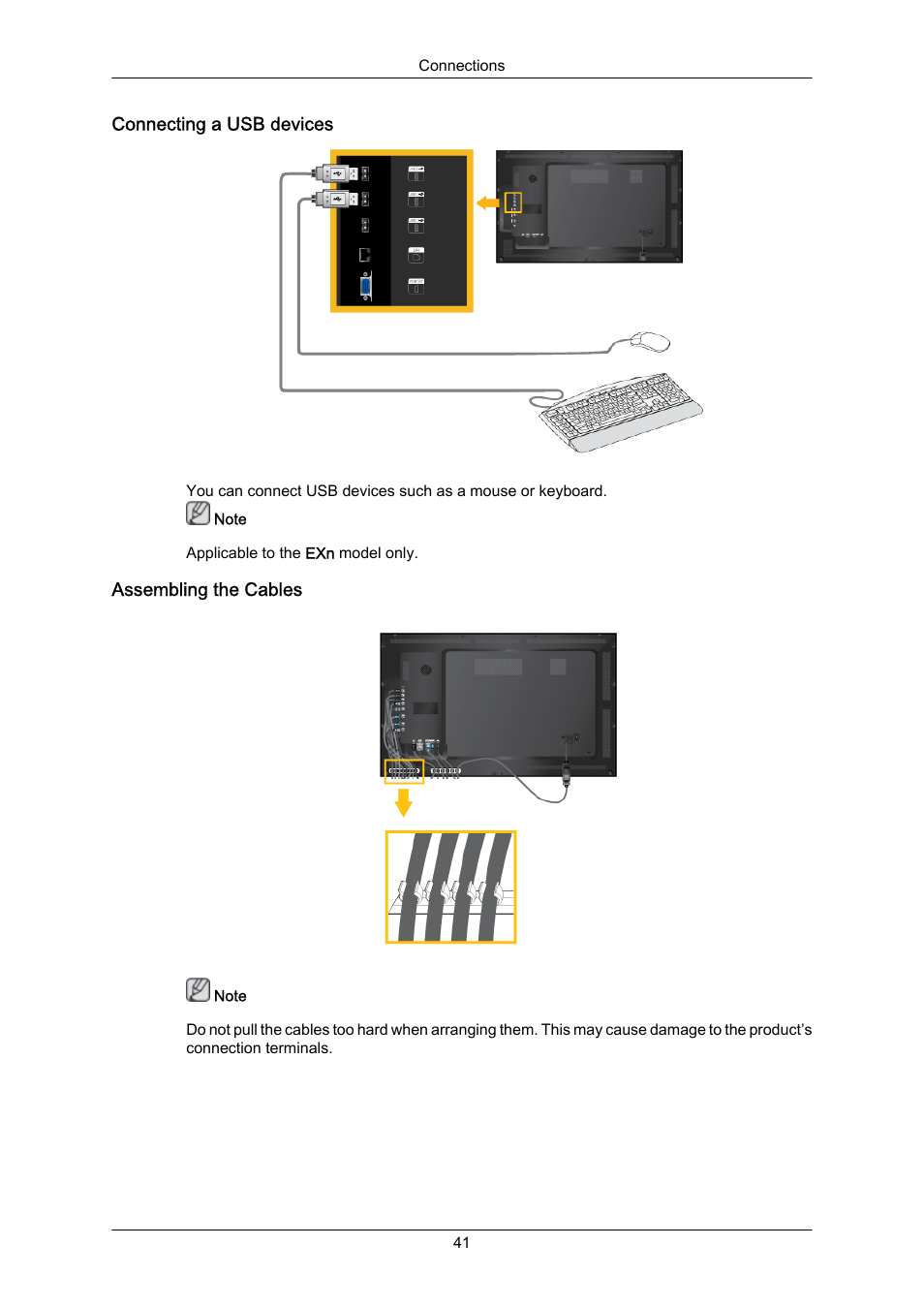 Connecting a usb devices, Assembling the cables | Samsung 400EX(N) User Manual | Page 42 / 159