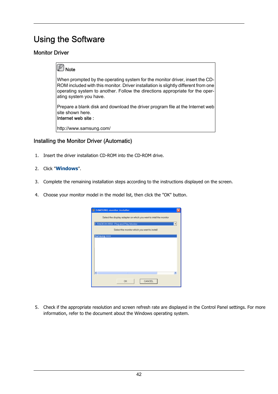 Using the software, Monitor driver, Installing the monitor driver (automatic) | Samsung 400EX(N) User Manual | Page 43 / 159