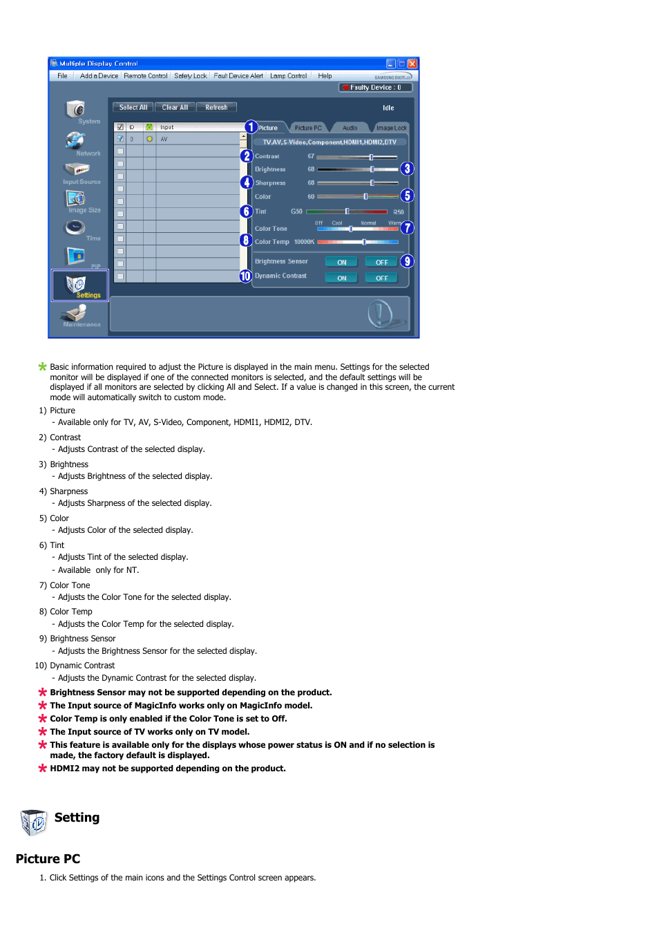 Setting picture pc | Samsung 400EX(N) User Manual | Page 86 / 159