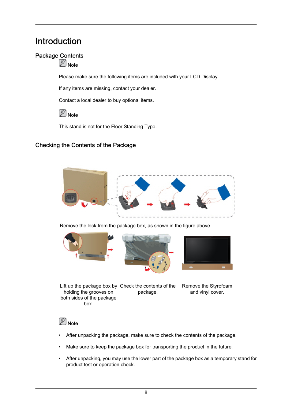 Introduction, Package contents, Checking the contents of the package | Samsung 400EX(N) User Manual | Page 9 / 159