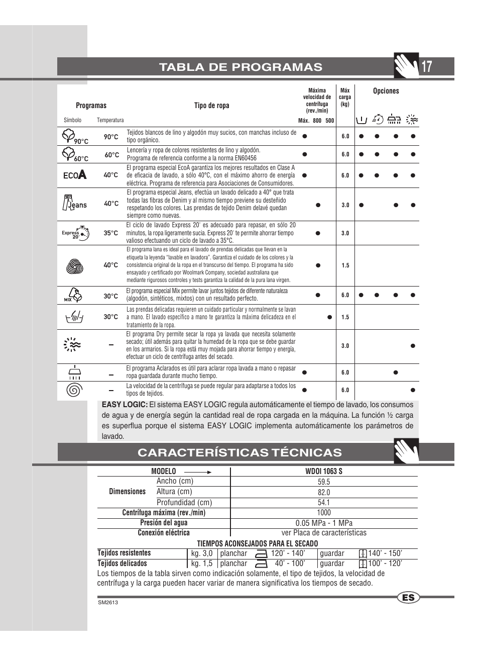 Tabla de programas, Características técnicas | Ardo WDOI1063S User Manual | Page 17 / 52