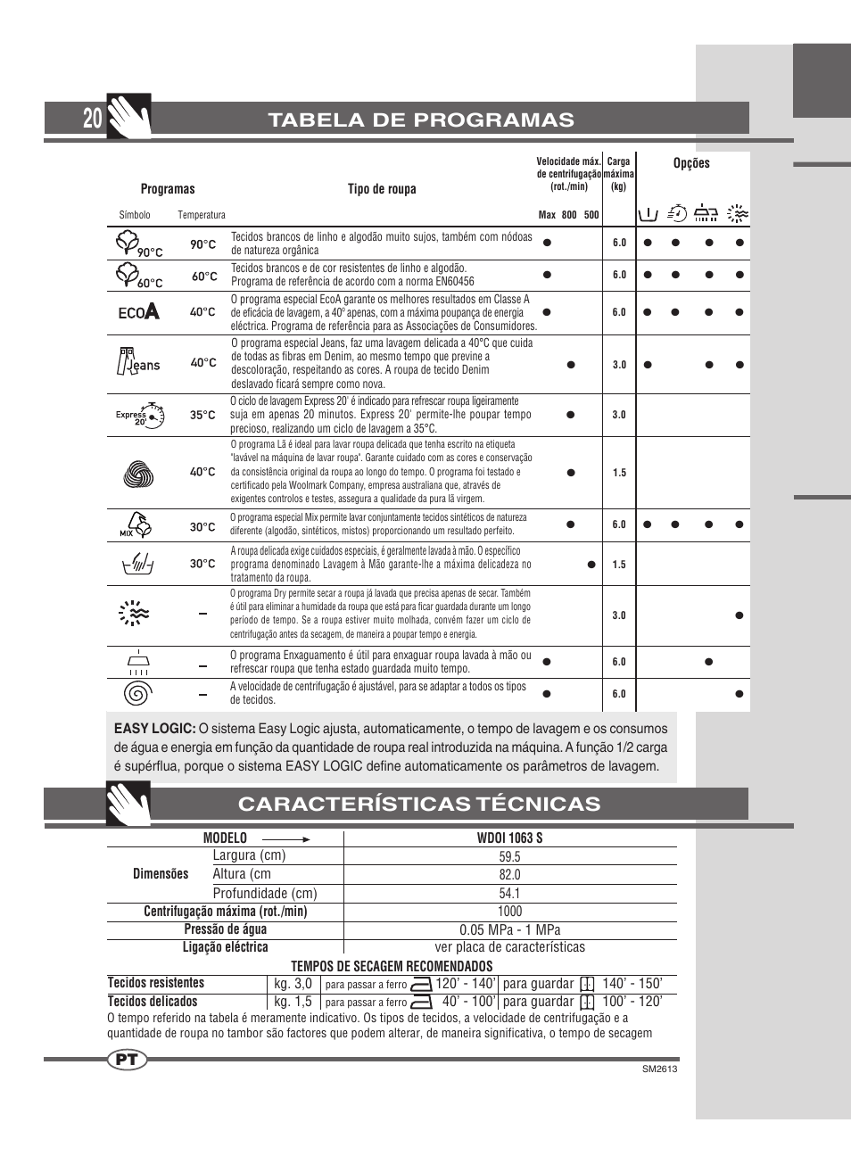 Tabela de programas, Características técnicas | Ardo WDOI1063S User Manual | Page 20 / 52