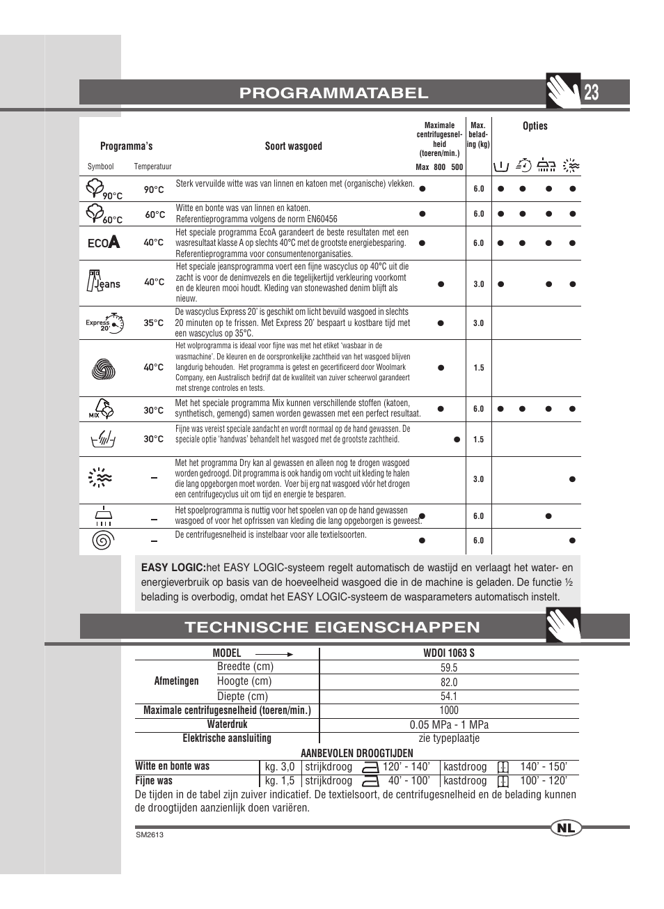 Programmatabel, Technische eigenschappen | Ardo WDOI1063S User Manual | Page 23 / 52