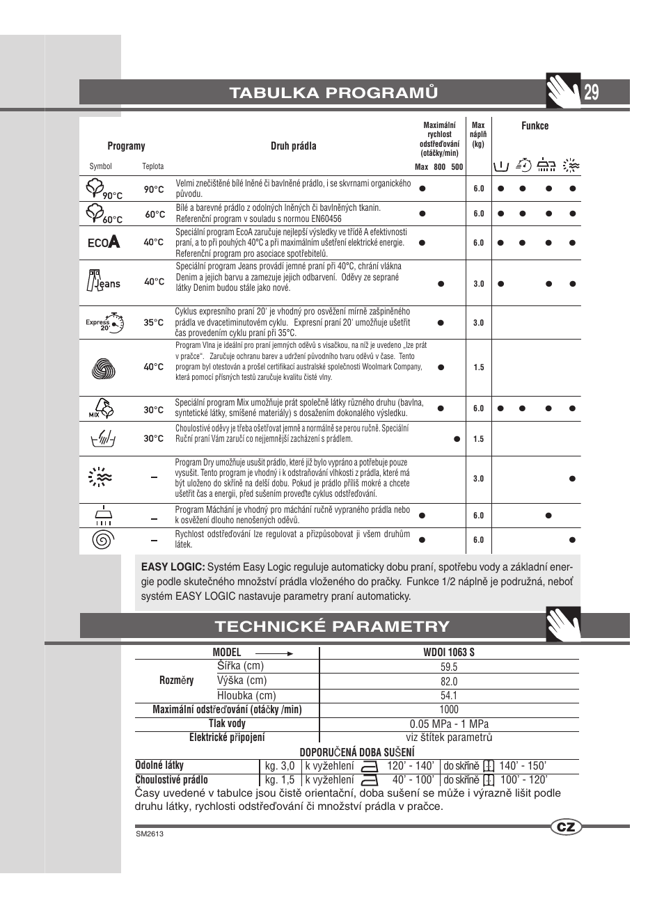 Tabulka programů, Technické parametry | Ardo WDOI1063S User Manual | Page 29 / 52