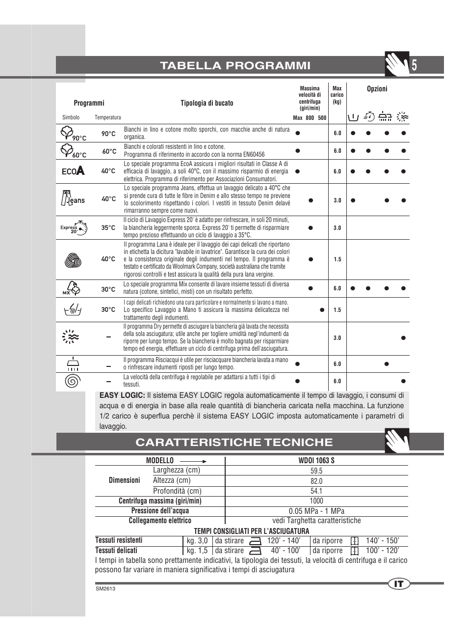 Tabella programmi, Caratteristiche tecniche | Ardo WDOI1063S User Manual | Page 5 / 52