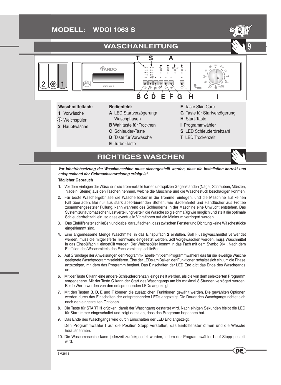 Waschanleitung, Modell: wdoi 1063 s richtiges waschen | Ardo WDOI1063S User Manual | Page 9 / 52