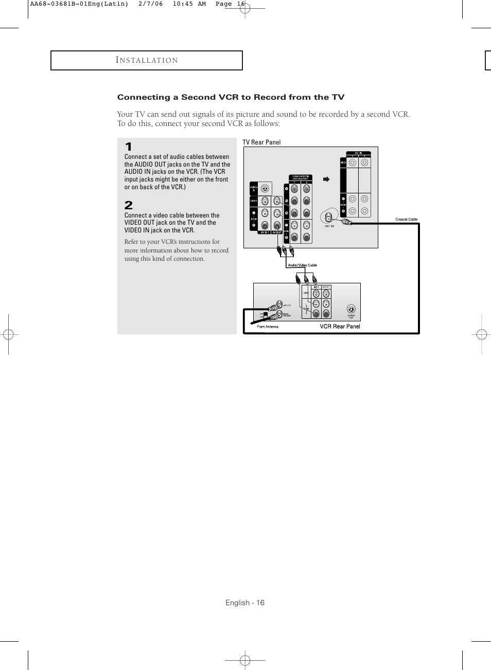 Connecting a second vcr to record from the tv | Samsung CL-29M30HS User Manual | Page 16 / 60