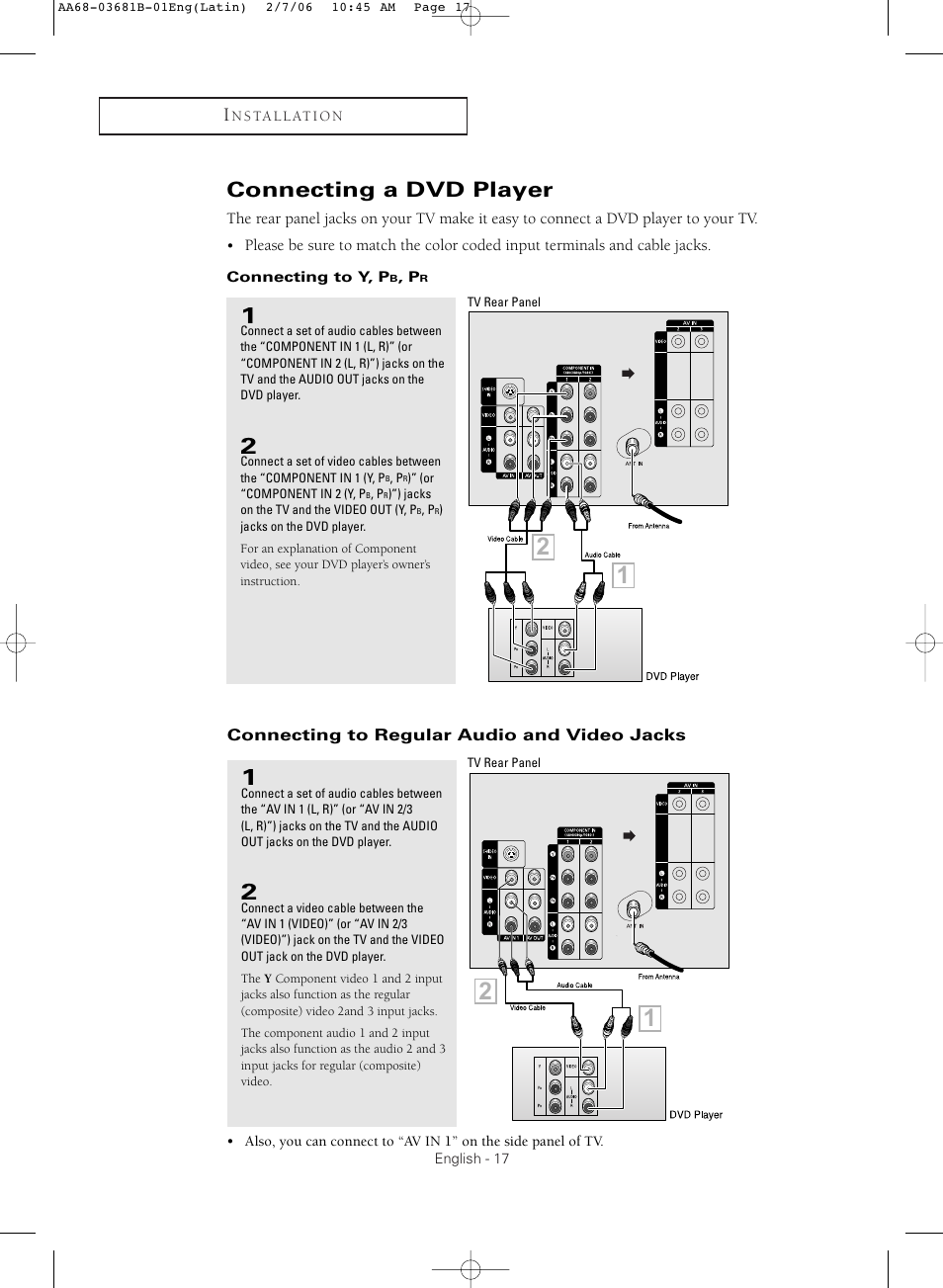 Connecting a dvd player, Connecting to y, pb, pr, Connecting to regular audio and video jacks | Samsung CL-29M30HS User Manual | Page 17 / 60