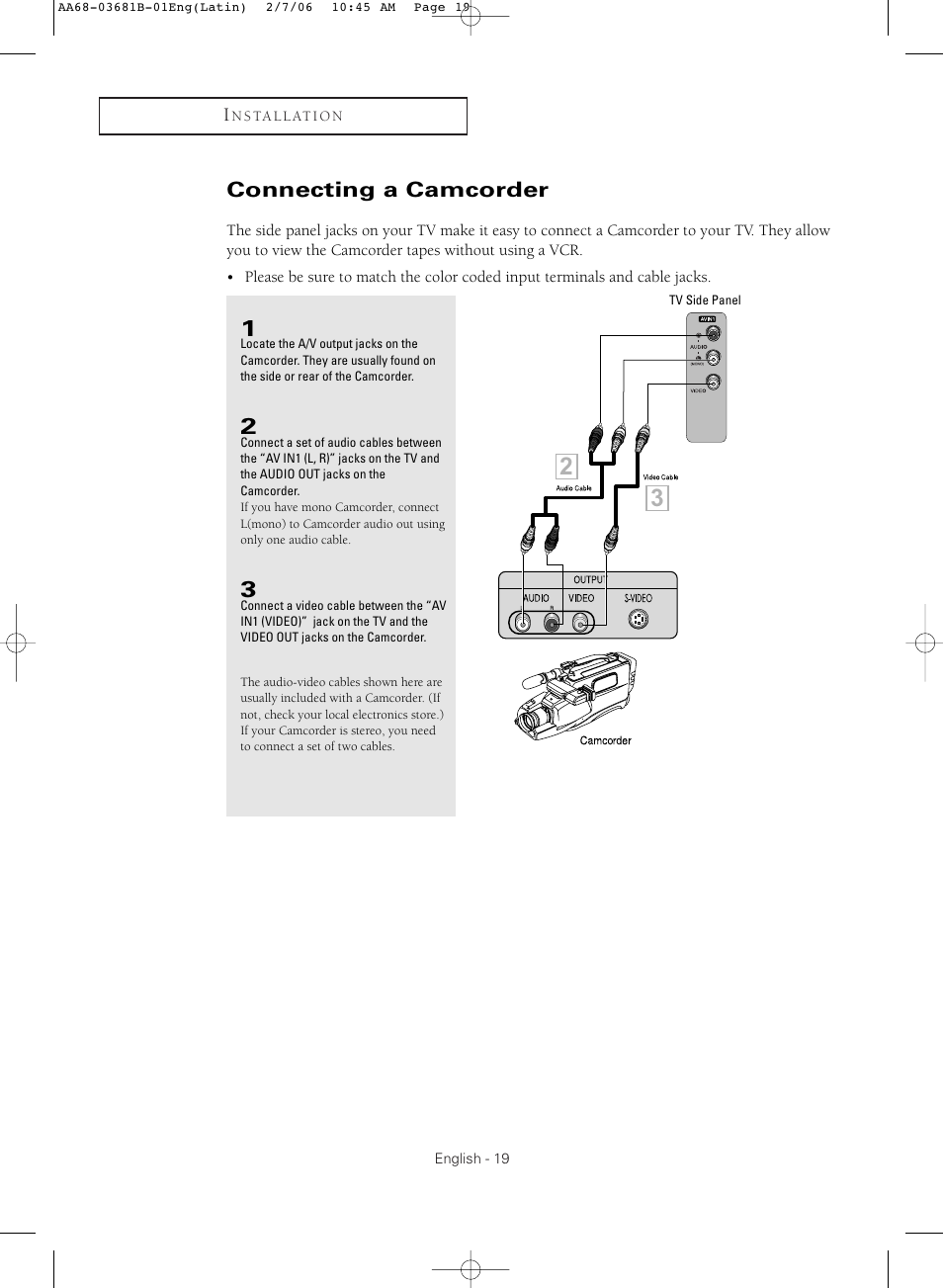 Connecting a camcorder | Samsung CL-29M30HS User Manual | Page 19 / 60