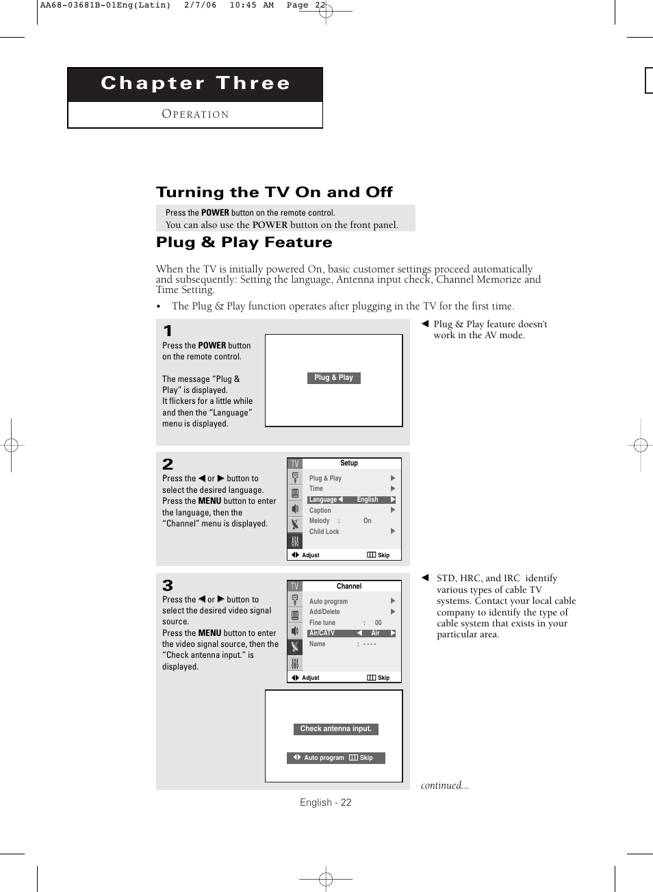 Chapter three : operation, Turning the tv on and off, Plug & play feature | Continued | Samsung CL-29M30HS User Manual | Page 22 / 60