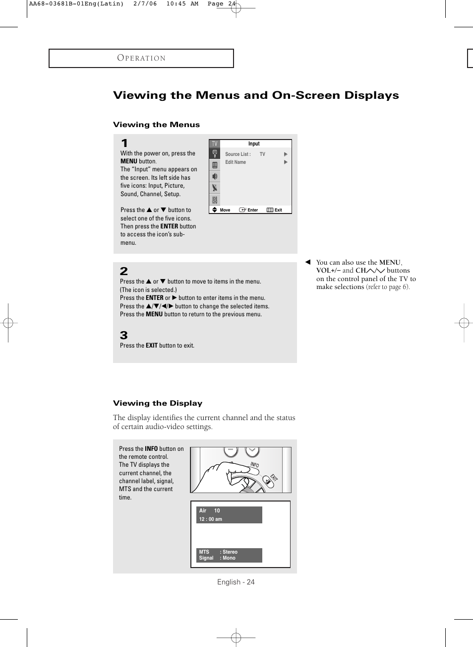 Viewing the menus and on-screen displays | Samsung CL-29M30HS User Manual | Page 24 / 60
