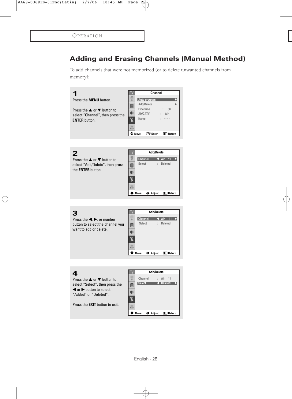 Adding and erasing channels (manual method) | Samsung CL-29M30HS User Manual | Page 28 / 60