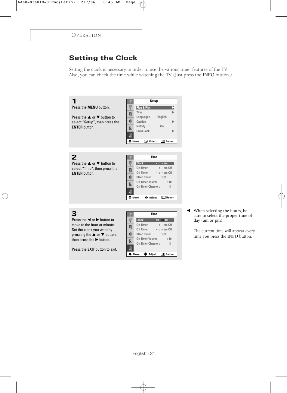 Setting the clock | Samsung CL-29M30HS User Manual | Page 31 / 60