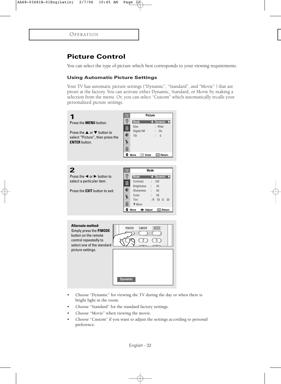Picture control, Using automatic picture settings | Samsung CL-29M30HS User Manual | Page 32 / 60