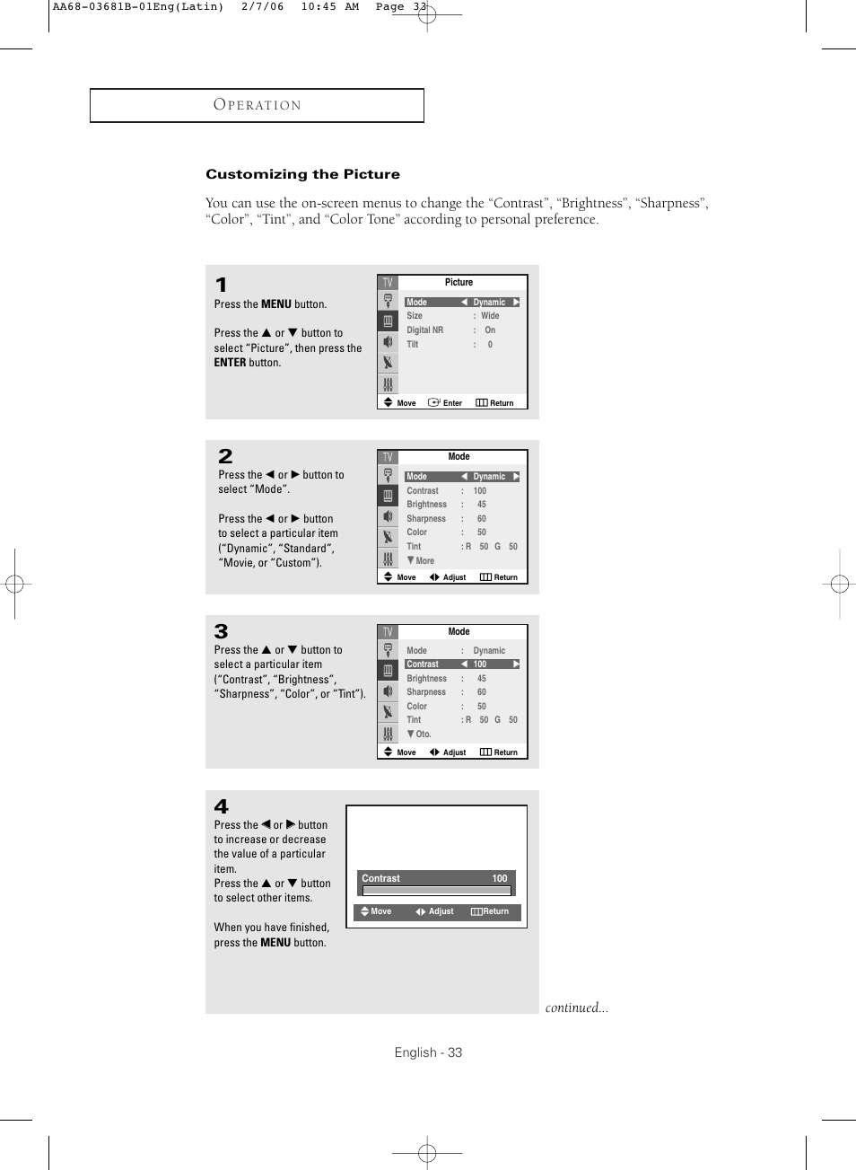 Customizing the picture, Continued | Samsung CL-29M30HS User Manual | Page 33 / 60