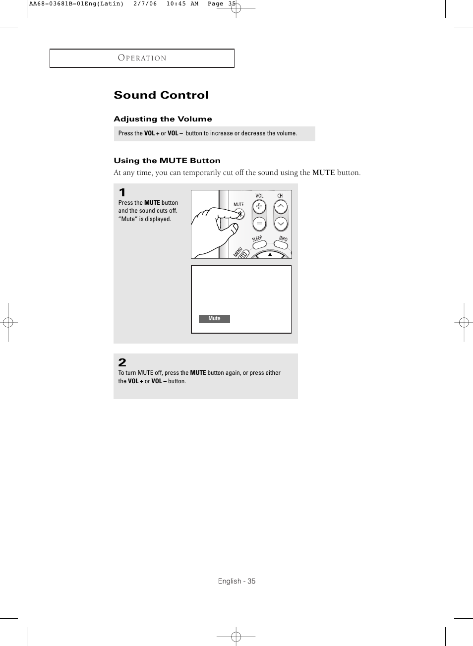 Sound control, Adjusting the volume, Using the mute button | Samsung CL-29M30HS User Manual | Page 35 / 60