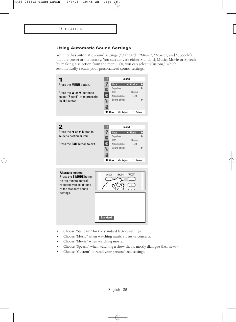 Using automatic sound settings | Samsung CL-29M30HS User Manual | Page 36 / 60