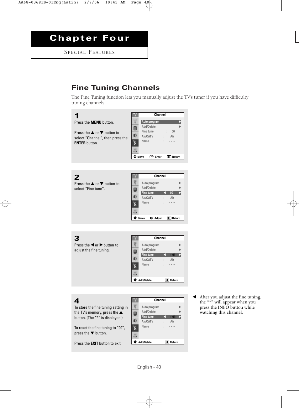 Chapter four : special features, Fine tuning channels | Samsung CL-29M30HS User Manual | Page 40 / 60