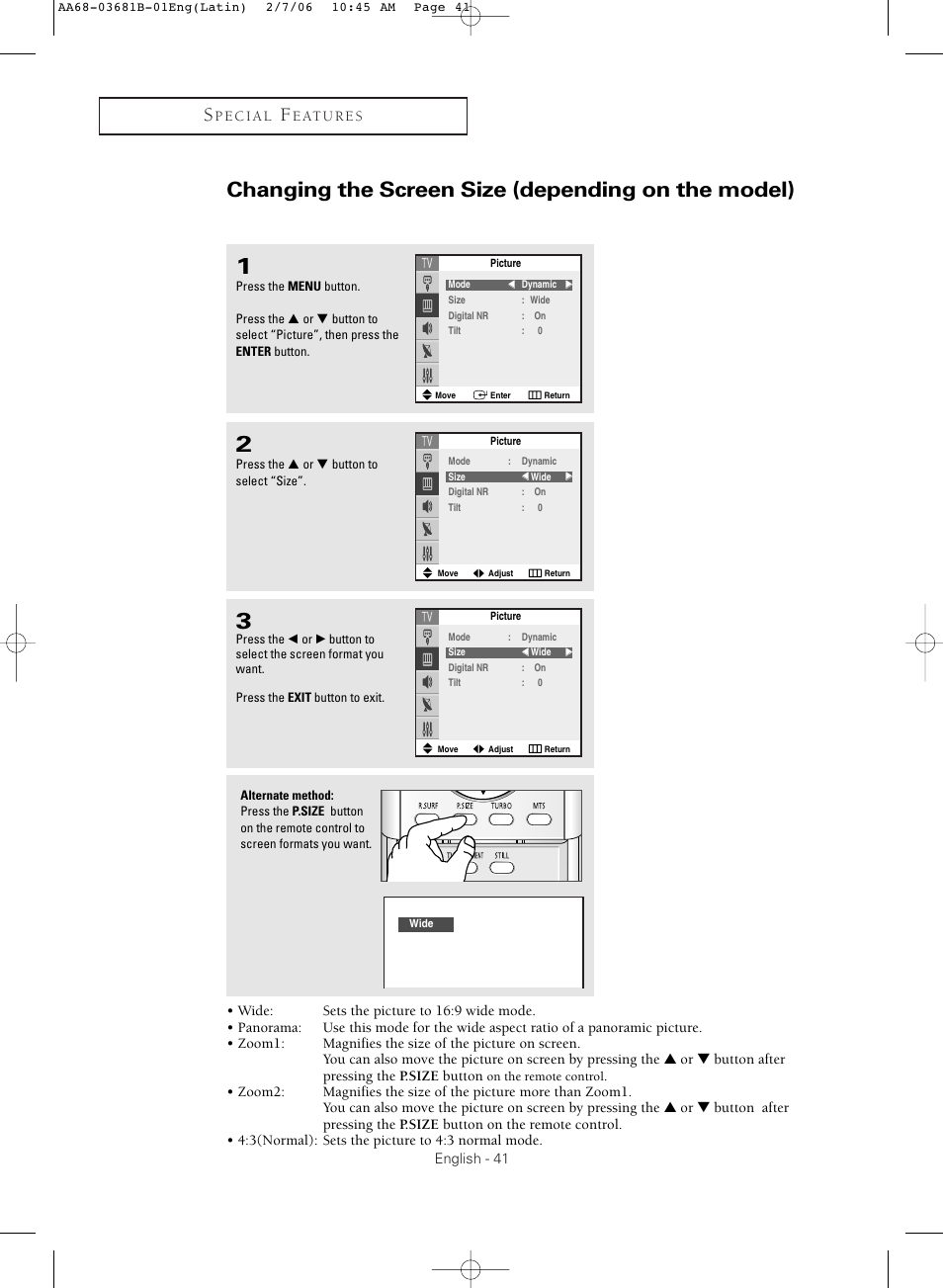 Changing the screen size (depending on the model) | Samsung CL-29M30HS User Manual | Page 41 / 60