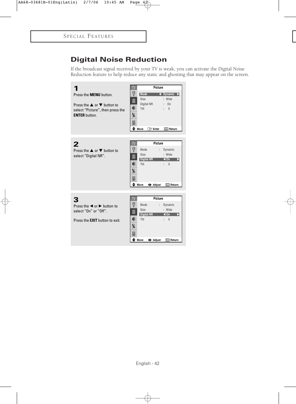 Digital noise reduction | Samsung CL-29M30HS User Manual | Page 42 / 60