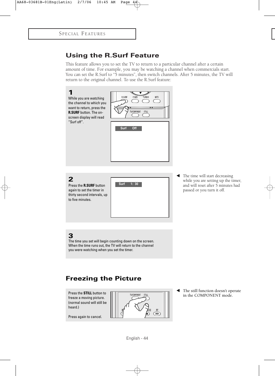 Using the r.surf feature, Freezing the picture | Samsung CL-29M30HS User Manual | Page 44 / 60