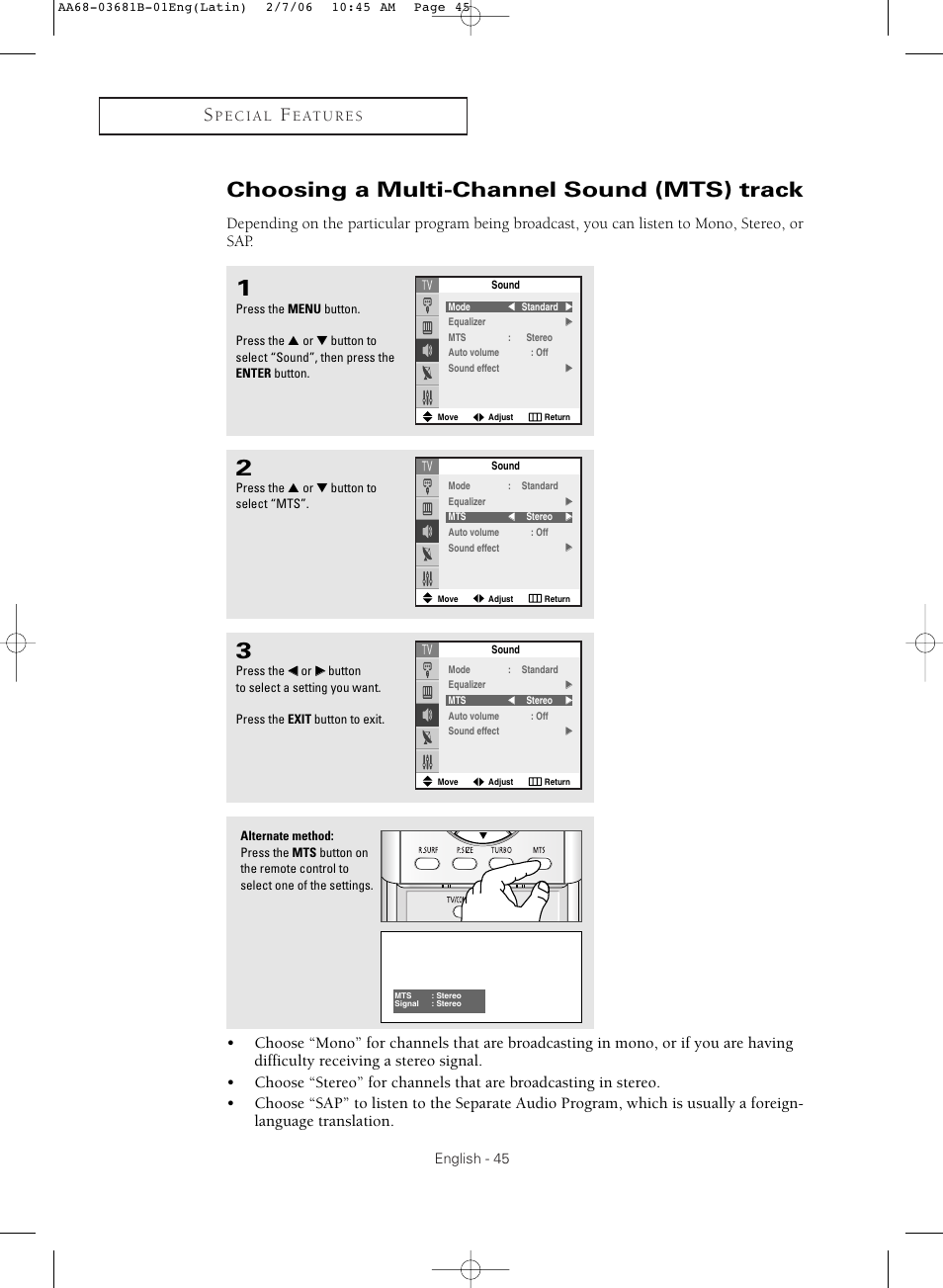 Choosing a multi-channel sound (mts) track | Samsung CL-29M30HS User Manual | Page 45 / 60