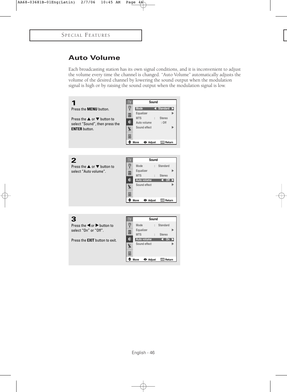Auto volume | Samsung CL-29M30HS User Manual | Page 46 / 60