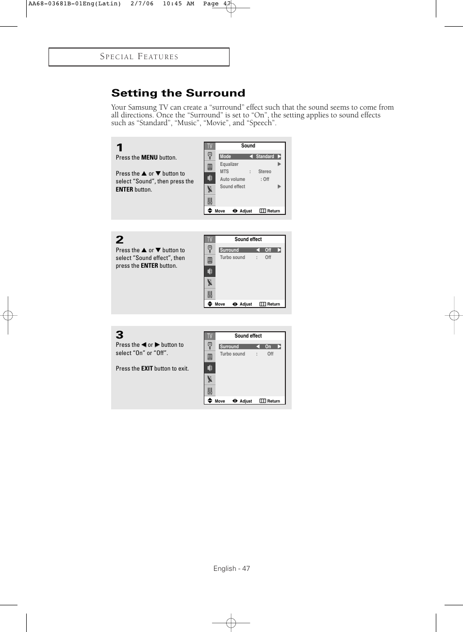 Setting the surround | Samsung CL-29M30HS User Manual | Page 47 / 60
