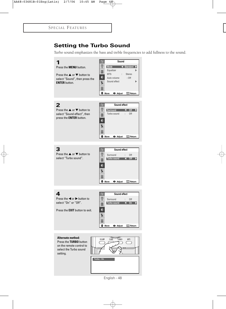 Setting the turbo sound | Samsung CL-29M30HS User Manual | Page 48 / 60