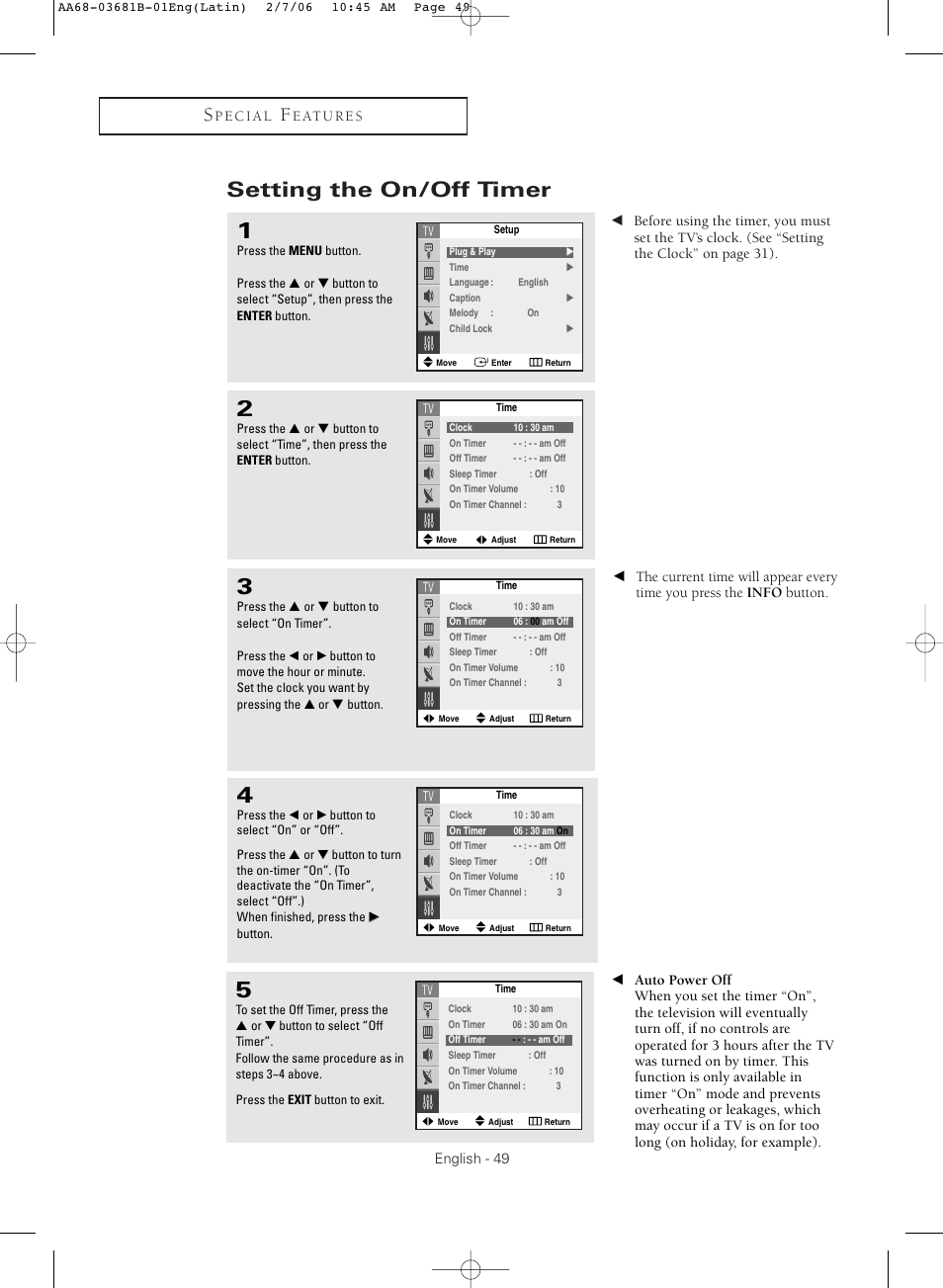 Setting the on/off timer | Samsung CL-29M30HS User Manual | Page 49 / 60