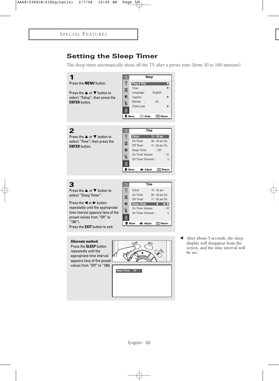 Setting the sleep timer | Samsung CL-29M30HS User Manual | Page 50 / 60