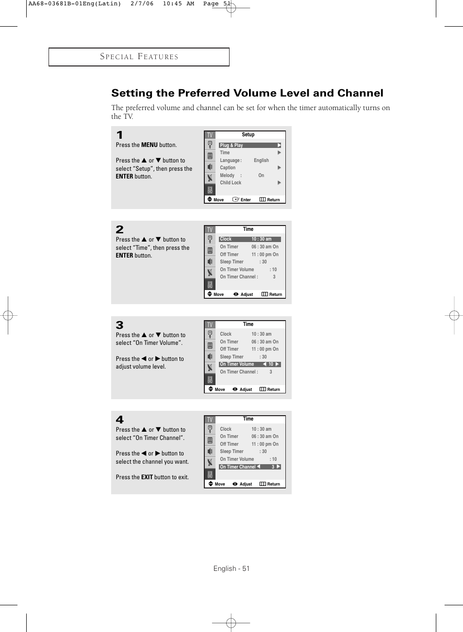 Setting the preferred volume level and channel | Samsung CL-29M30HS User Manual | Page 51 / 60