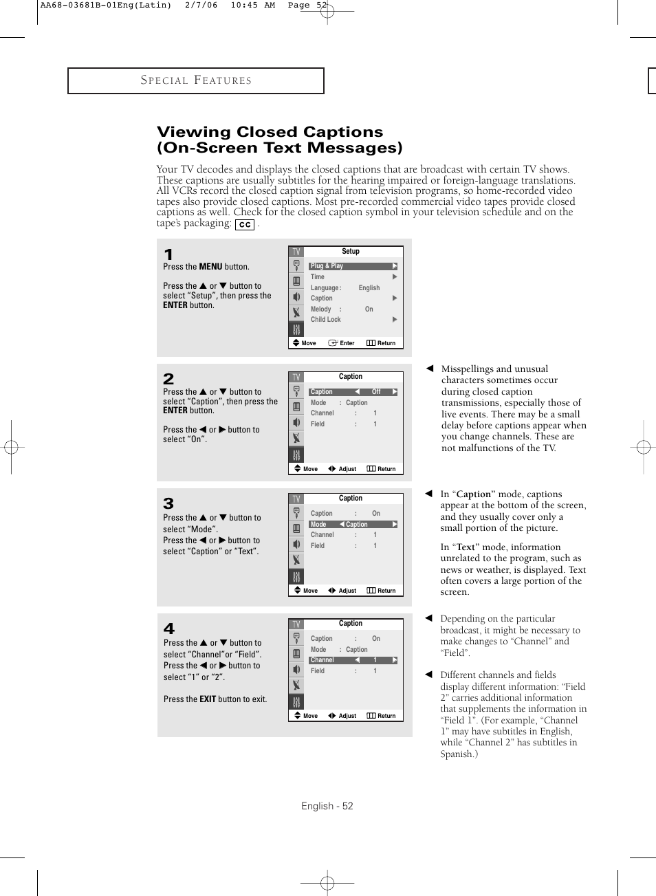 Viewing closed captions(on-screen text messages), Viewing closed captions (on-screen text messages) | Samsung CL-29M30HS User Manual | Page 52 / 60