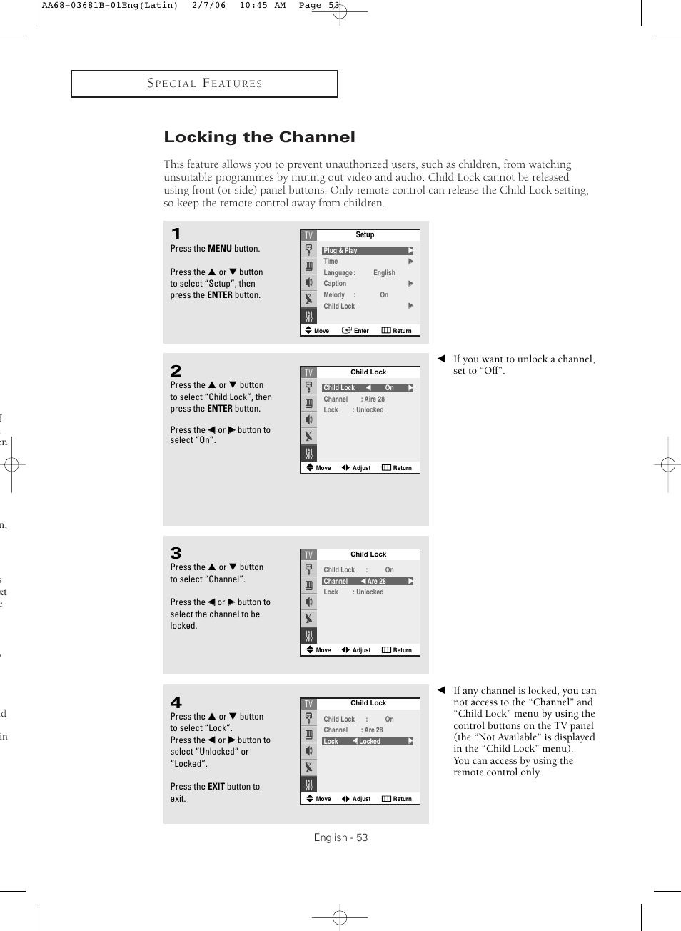 Locking the channel | Samsung CL-29M30HS User Manual | Page 53 / 60