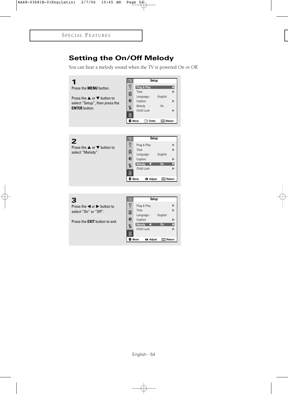 Setting the on/off melody | Samsung CL-29M30HS User Manual | Page 54 / 60