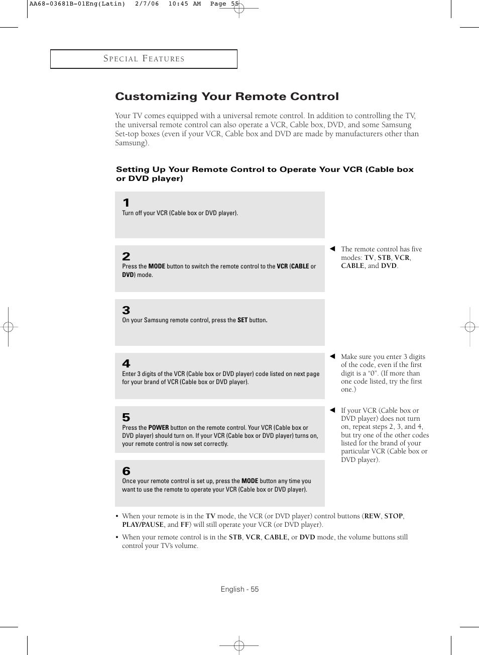 Customizing your remote control | Samsung CL-29M30HS User Manual | Page 55 / 60