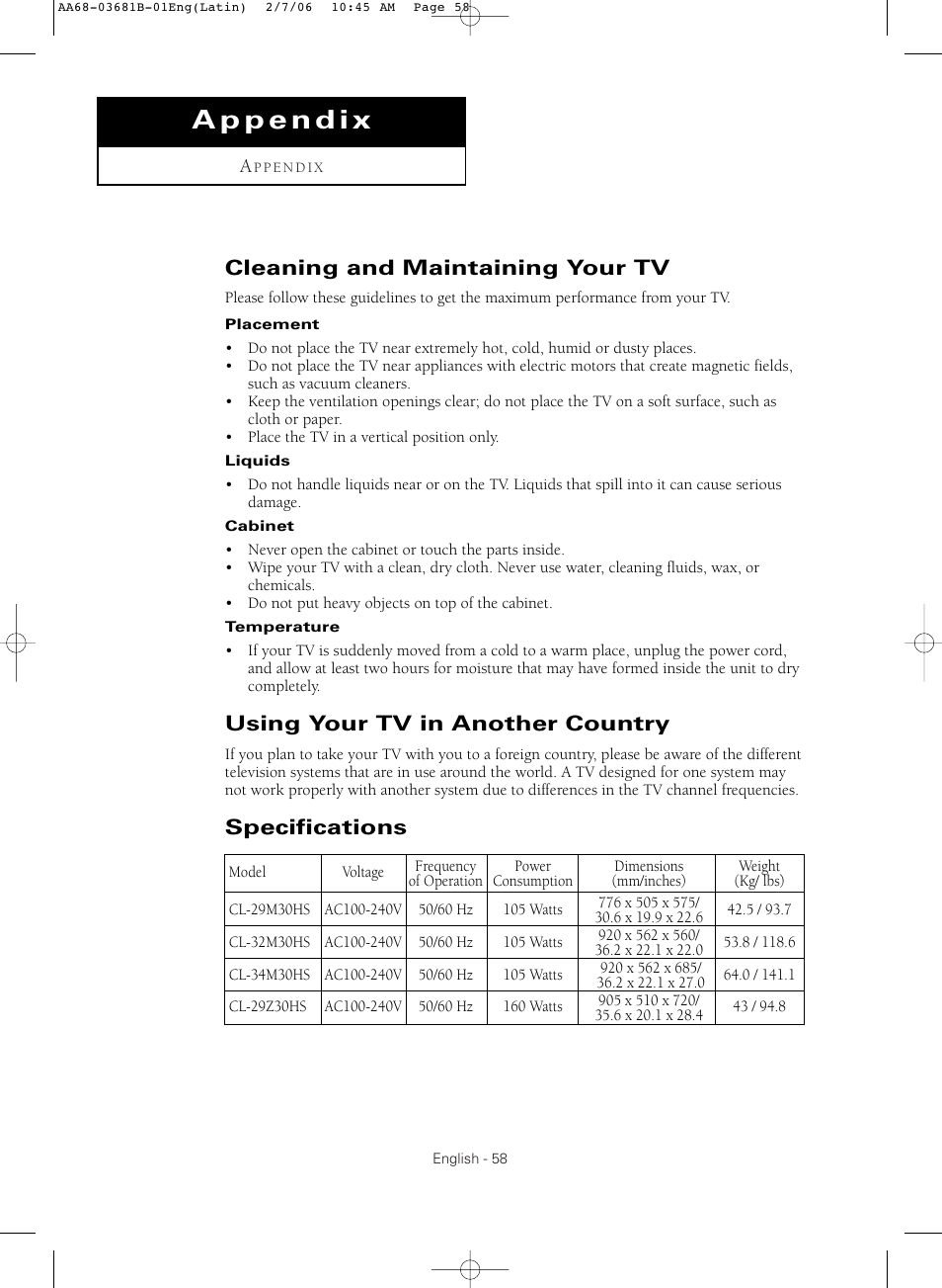 Appendix, Cleaning and maintaining your tv, Using your tv in another country | Specifications | Samsung CL-29M30HS User Manual | Page 58 / 60