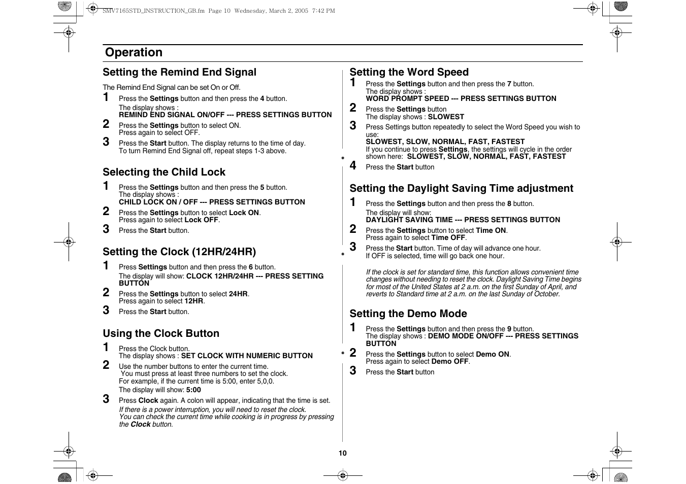 Setting the remind end signal, Selecting the child lock, Setting the clock (12hr/24hr) | Using the clock button, Setting the word speed, Setting the daylight saving time adjustment, Setting the demo mode | Samsung SMV7165 User Manual | Page 10 / 28