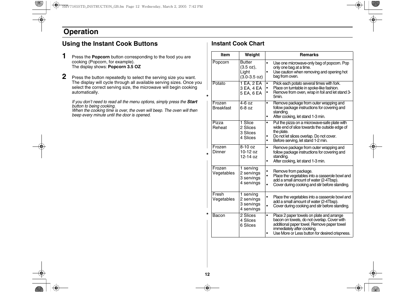 Using the instant cook buttons, Operation | Samsung SMV7165 User Manual | Page 12 / 28