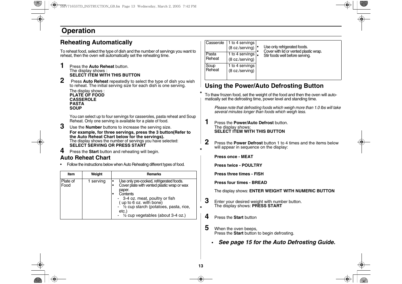Reheating automatically, Using the power/auto defrosting button, Operation | Samsung SMV7165 User Manual | Page 13 / 28