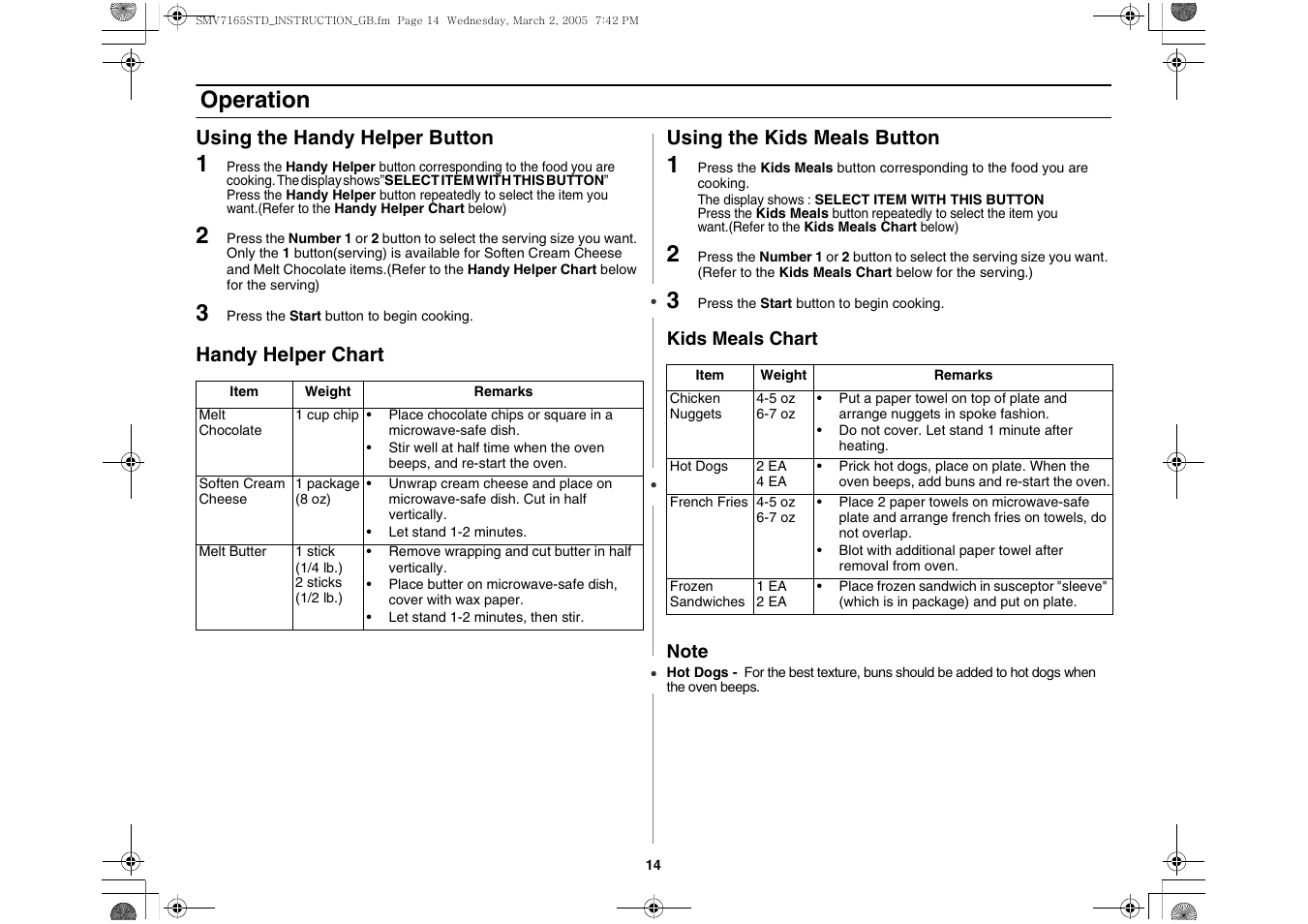 Using the handy helper button, Using the kids meals button, Operation | Samsung SMV7165 User Manual | Page 14 / 28