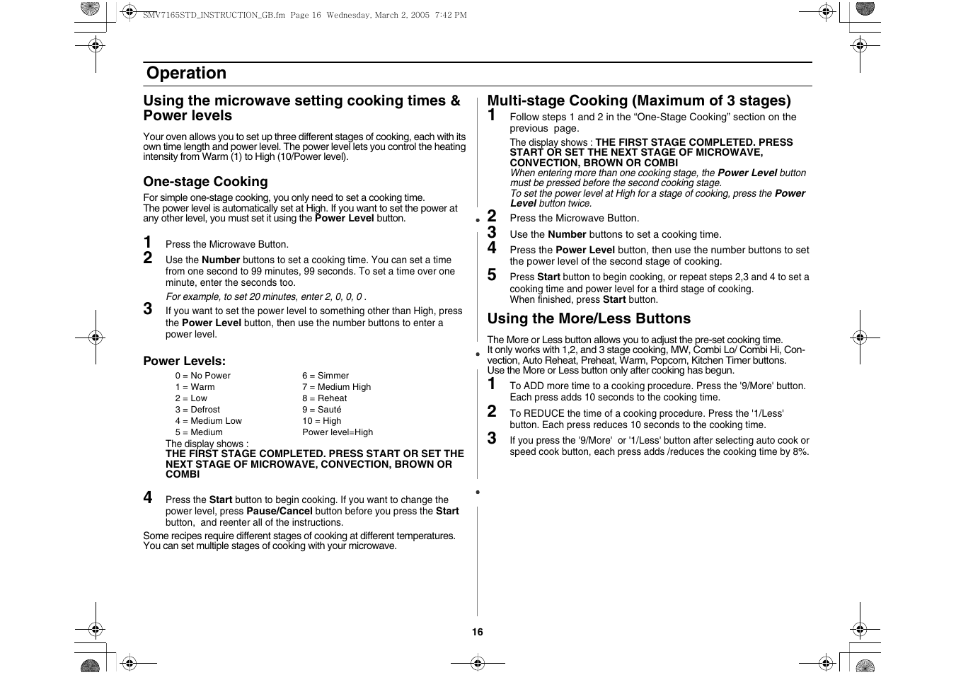 Using the microwave setting cooking times, Multi-stage cooking (maximum of 3 stages), Using the more/less buttons | Operation | Samsung SMV7165 User Manual | Page 16 / 28