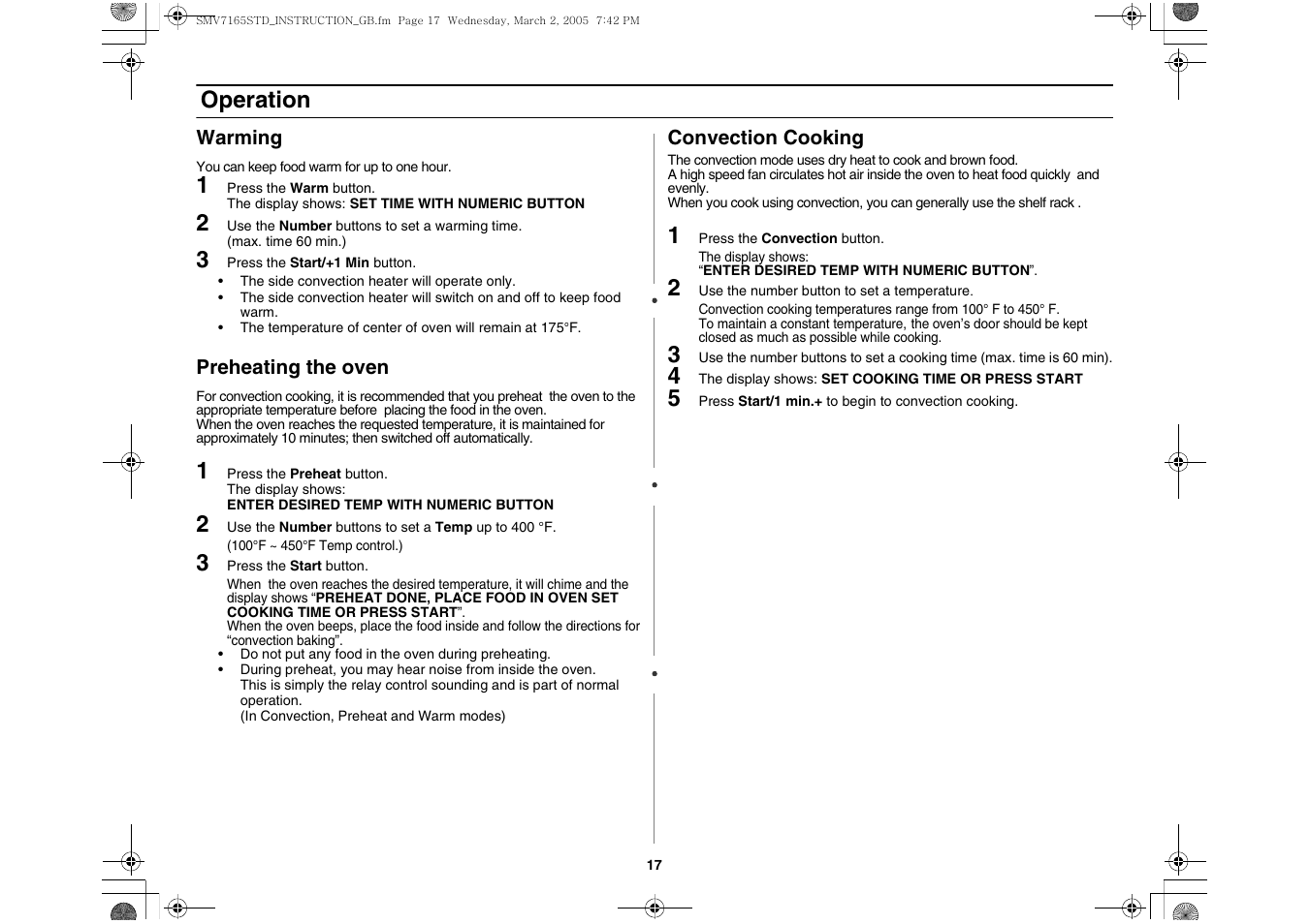 Warming, Preheating the oven, Convection cooking | Operation | Samsung SMV7165 User Manual | Page 17 / 28