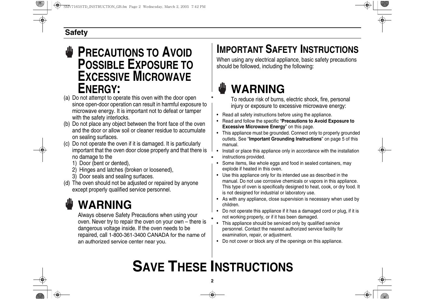 Safety, Hese, Nstructions | Warning, Recautions to, Void, Ossible, Xposure to, Xcessive, Icrowave | Samsung SMV7165 User Manual | Page 2 / 28