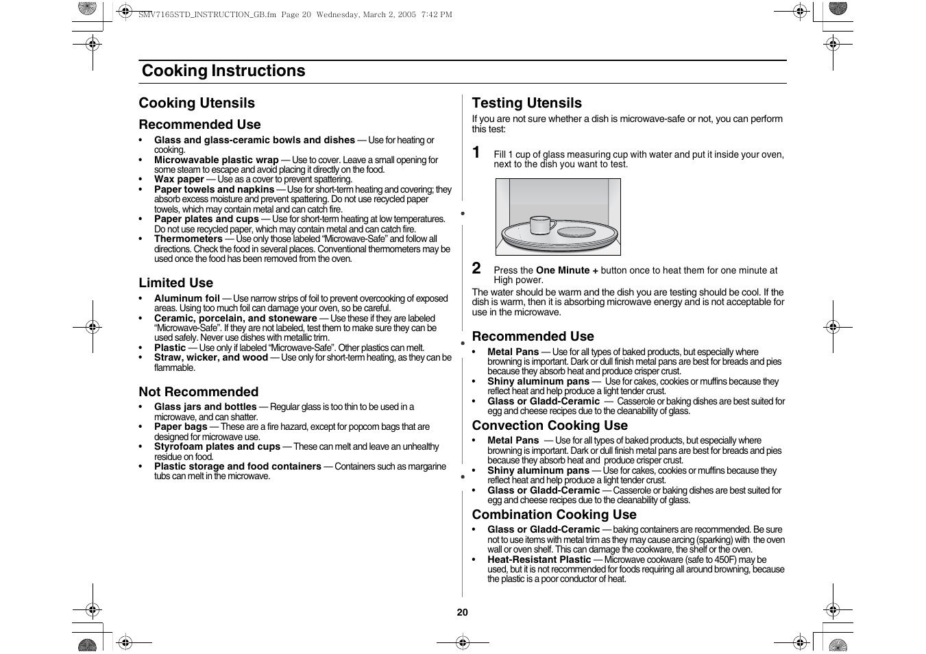 Cooking instructions, Cooking utensils, Testing utensils | Samsung SMV7165 User Manual | Page 20 / 28