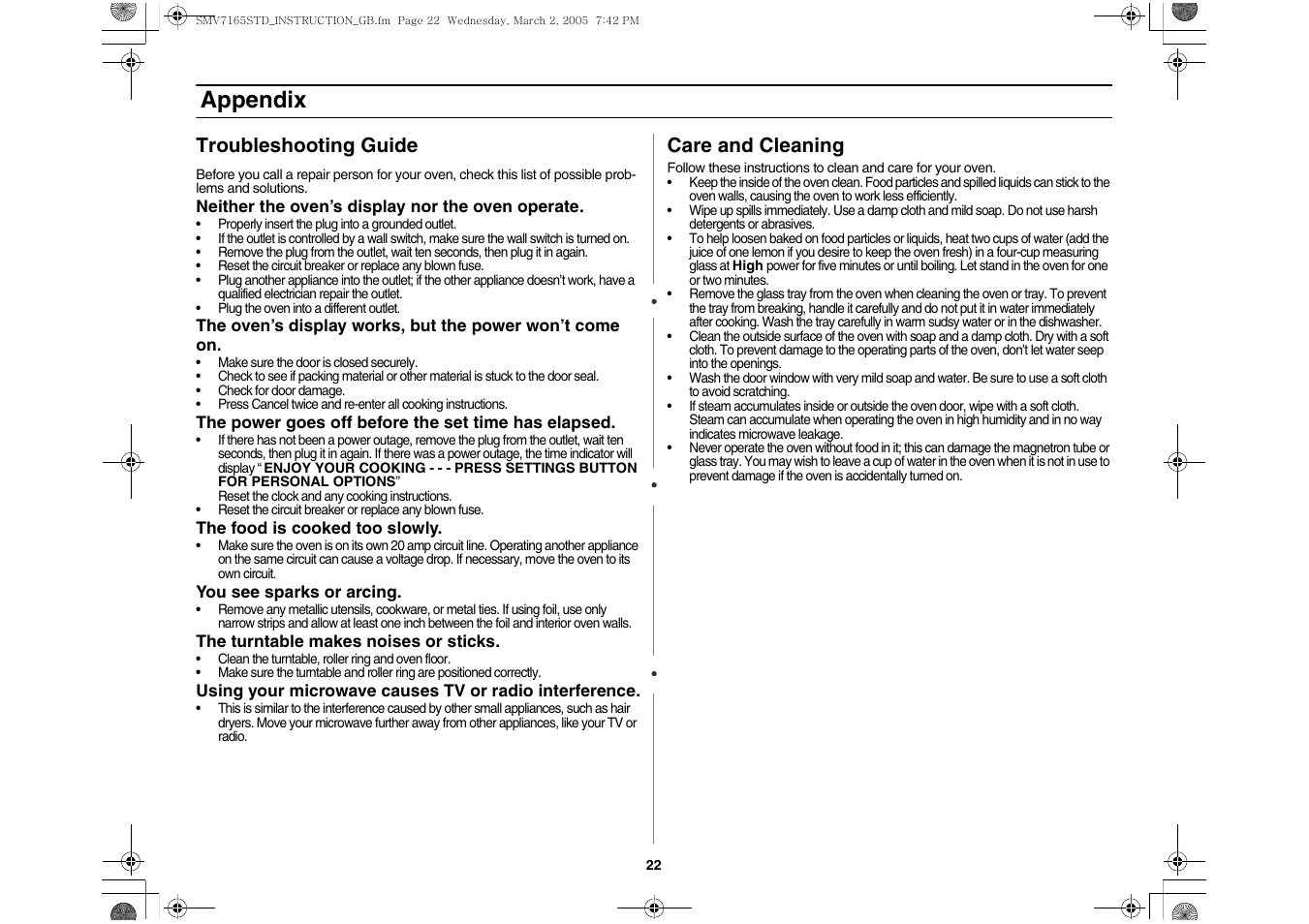 Appendix, Troubleshooting guide, Care and cleaning | Samsung SMV7165 User Manual | Page 22 / 28