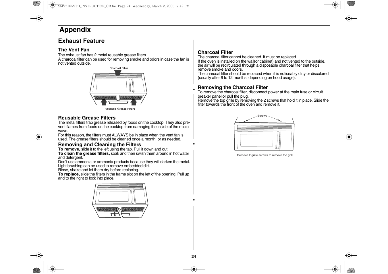 Exhaust feature, Appendix | Samsung SMV7165 User Manual | Page 24 / 28