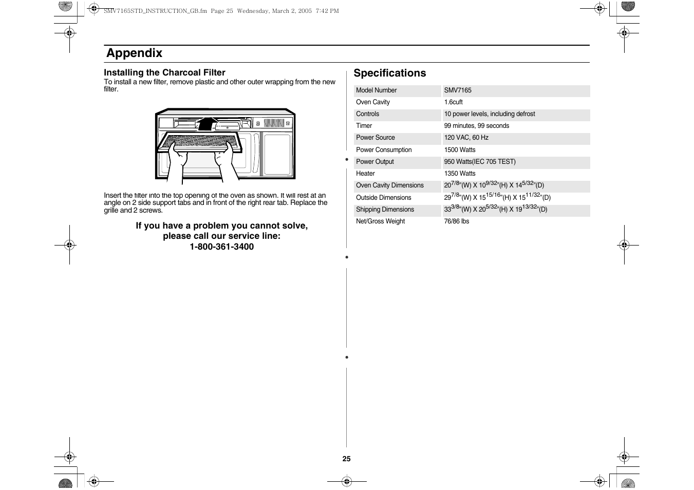 Installing the charcoal filter, Specifications, Appendix | Samsung SMV7165 User Manual | Page 25 / 28