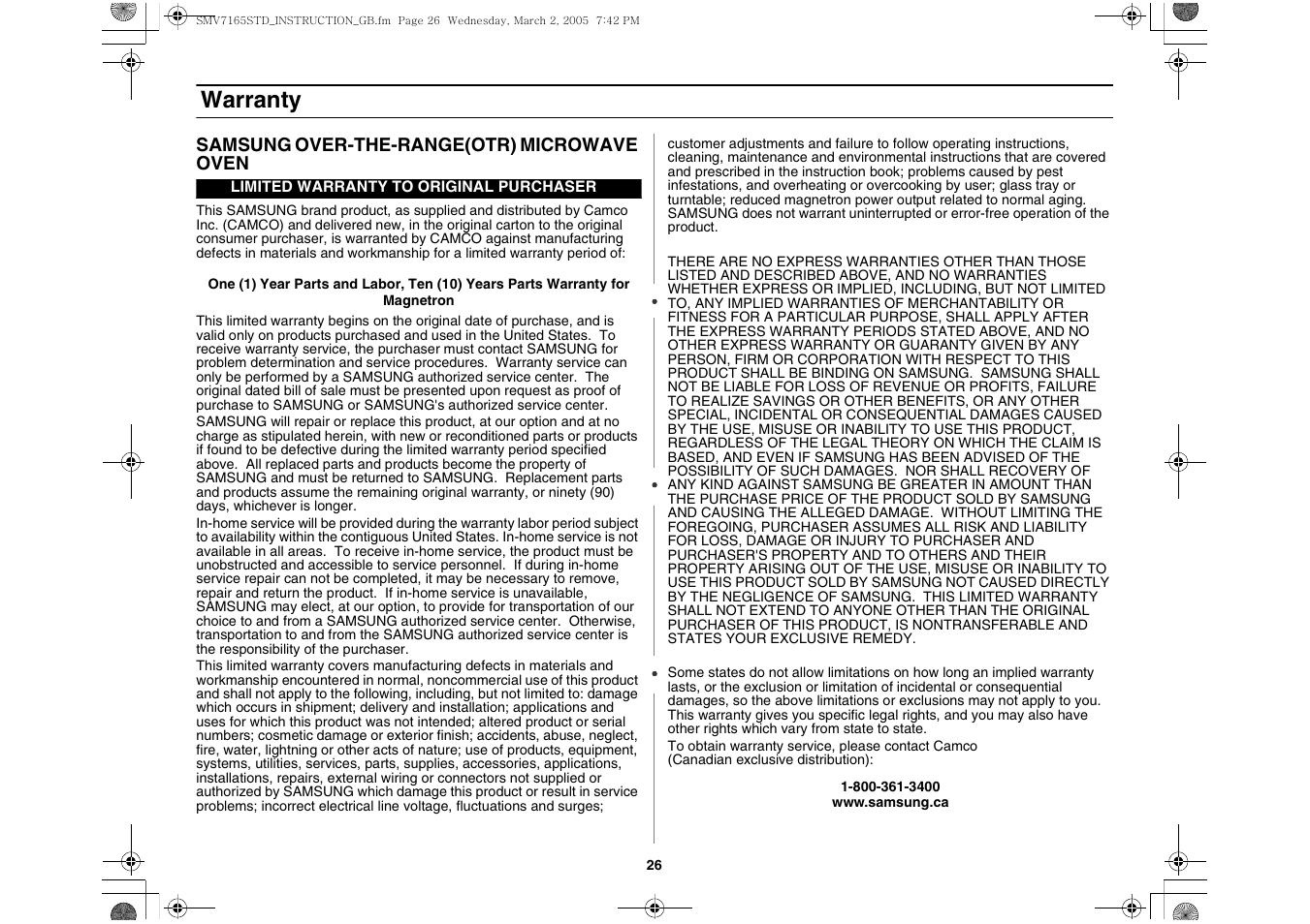 Warranty | Samsung SMV7165 User Manual | Page 26 / 28