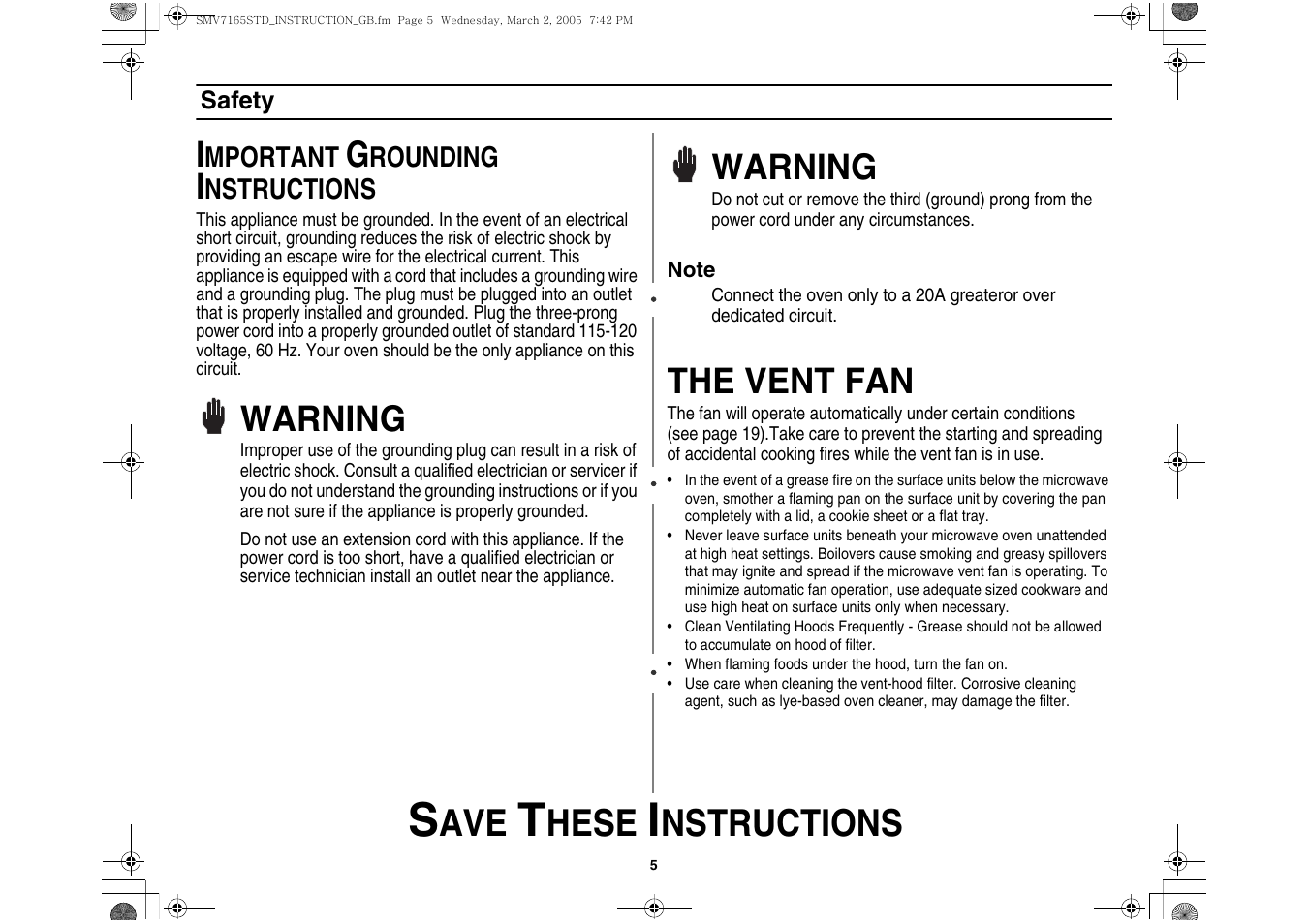 Hese, Nstructions, Warning | The vent fan | Samsung SMV7165 User Manual | Page 5 / 28
